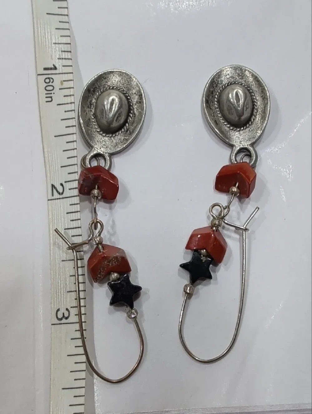 Red Bead Dangle Earrings with Silver-Tone Cowboy Hats
